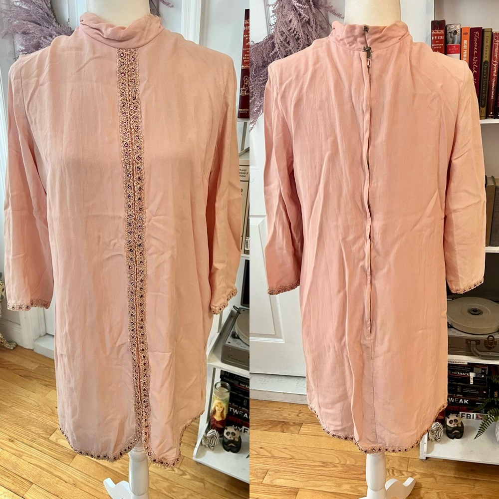 Pale pink vintage shift dress with rhinestone trim